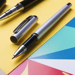 A silver pen with a black grip and a silver clip rests on colourful paper alongside a black pen.