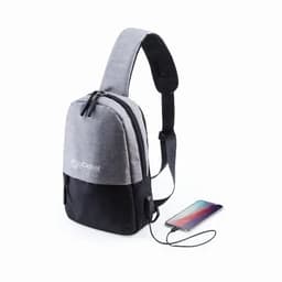 A grey and black sling backpack with a single strap and a zipped compartment, featuring a logo and a phone connected.