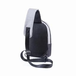 A sling bag featuring a grey and black design with a textured fabric and adjustable strap. It has a zippered compartment.
