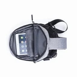 A backpack featuring a grey and black design with an interior pocket for a tablet or device.