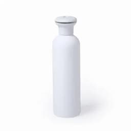 A drink bottle in a sleek, white design with a round cap and a minimalist appearance. It features a logo.