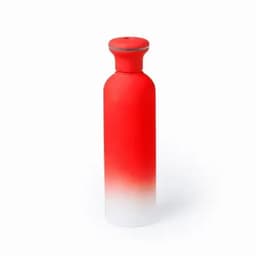 A drink bottle in a gradient design, featuring bold red at the top fading to white at the bottom. It has a logo on the side.