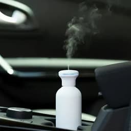 A drink bottle in white, emitting steam, positioned in a car cup holder. It has a logo.