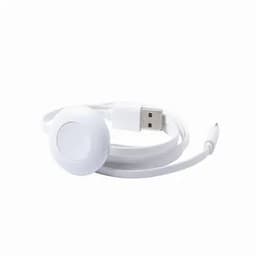 A white charging cable with a USB connector and a circular attachment. It has a simple design and no visible branding.