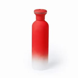 A drink bottle in a gradient of red to white with a sleek, minimalist design and a logo on the side.