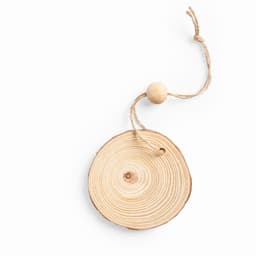 A wooden tag with a natural finish, featuring a round shape and a twine loop with a wooden bead.