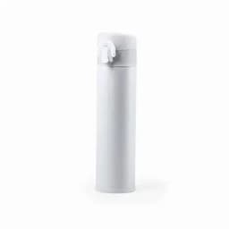 A drink bottle in white with a sleek design and a flip-top lid. Features a simple logo on the side.