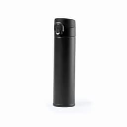 A drink bottle in sleek black with a secure lid and a simple design. It features a logo on its surface.