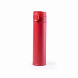 A drink bottle in a bright red colour with a secure lid and a sleek design. It features a logo.