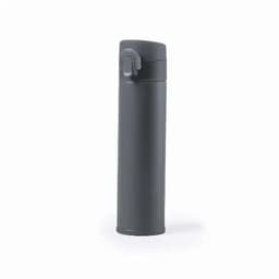 A drink bottle in a sleek grey colour with a secure lid and a small spout, featuring a branding logo.