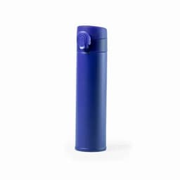 A drink bottle in a vibrant blue colour with a secure lid and a streamlined design. Features a branding logo.