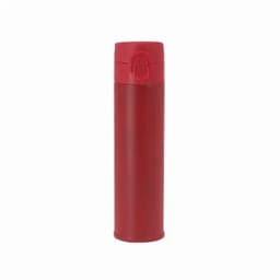 A drink bottle in vibrant red, featuring a secure lid and a logo on the body. Ideal for keeping beverages hot or cold.