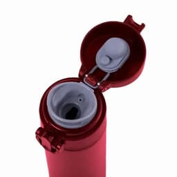 A red vacuum flask with a hinged, open lid and a spout, featuring an inner drinking opening.