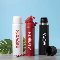 A drink bottle set featuring a white flask, a red flask with a flip-top, and a black flask, all with logos.