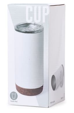 A drink bottle in a white and cork design, displayed in a cardboard package featuring a transparent lid.