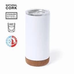 A drink bottle in white stainless steel with a cork base and a clear lid, featuring a logo.