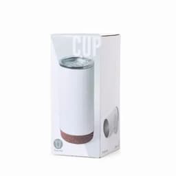 A drink bottle in a white and beige design, packaged in a box with a logo. The lid is transparent and metallic.