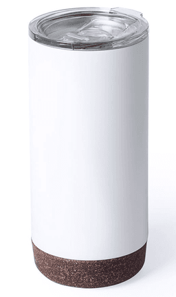 A drink bottle with a white body and a cork base, featuring a transparent lid. It has a simple, sleek design.