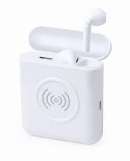 A wireless earphone charging case in white, with one earphone slightly protruding from the case. The case has a circular design on the front.