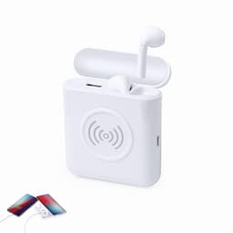 A wireless earbud charging case in white with wireless charging capability, alongside two smartphones.
