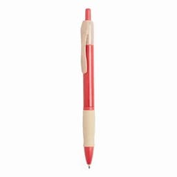 A red pen with a beige grip and clip, featuring a simple design and a smooth writing tip.