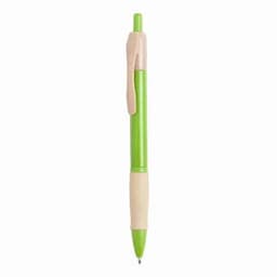 A green and beige pen with a textured grip and a clip on the side.