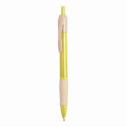 A yellow pen with a beige grip and clip, featuring a sleek design.