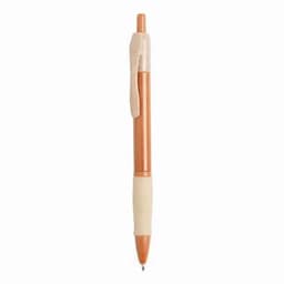A pen with a brown barrel, a beige grip, and a clip. The pen has a logo on it.