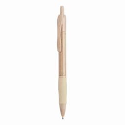 A beige pen featuring a textured barrel and a grip section, designed for comfortable writing. It includes a clip and has a logo.