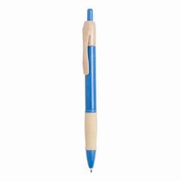 A blue pen with a beige grip and clip, featuring a simple design and a rounded tip.