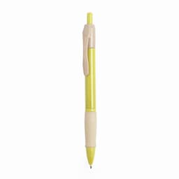 A pen with a yellow barrel, beige clip, and a textured beige grip for comfortable writing.