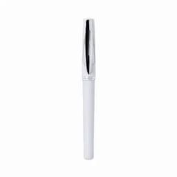 A pen with a white body and a black clip, featuring a sleek, minimalist design. The pen has a branding logo.
