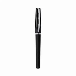 A black pen with a shiny chrome clip and a sleek design, featuring a capped tip.
