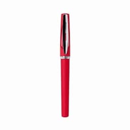 A red pen with a shiny silver clip and accents, displayed upright against a white background. It has a sleek design.
