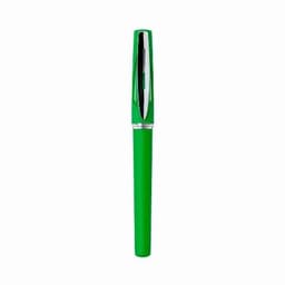 A green pen with a shiny silver clip and cap, featuring a smooth, streamlined design.