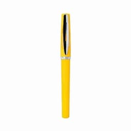 A yellow pen with a shiny black clip and silver detailing, featuring a smooth, sleek design.