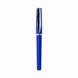 A blue pen with a shiny silver clip and polished finish, featuring a sleek design.