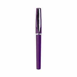 A purple pen with a shiny silver clip and a sleek design. It features a smooth finish and a capped top.