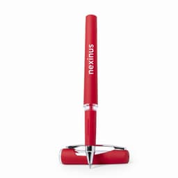 A red pen with a shiny silver clip and a brand logo. The pen is upright next to its cap on a white background.