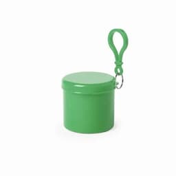 A green container with a lid and a loop attachment, featuring a shiny finish.