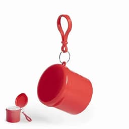 A red promotional drink bottle with a clip, featuring a removable lid. It has a glossy finish and a compact design.