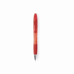 A red pen with a transparent body and a silver tip, featuring a textured grip.