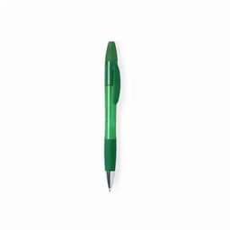 A green ballpoint pen featuring a translucent body and a textured grip. It has a clip and a silver tip.