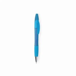 A blue pen with a textured grip and a click mechanism, featuring a transparent barrel and a blue cap.