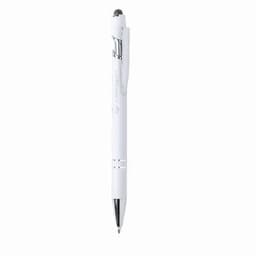 A white pen with a silver clip and a logo featured on the barrel. The pen has a sleek, modern design.