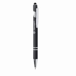 A black pen with a silver clip and accents, featuring a branding logo on the side.