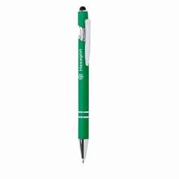 A green pen with a silver clip and an integrated stylus, featuring a logo on the barrel.