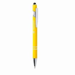 A yellow pen with a chrome clip and a stylus tip, featuring a simple, sleek design and a branding logo.