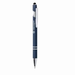 A pen in navy blue with silver accents and a branding logo. Features a sleek, modern design.