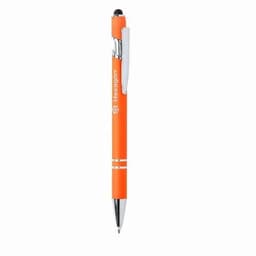 An orange pen with a chrome clip and accents, featuring a branding logo.